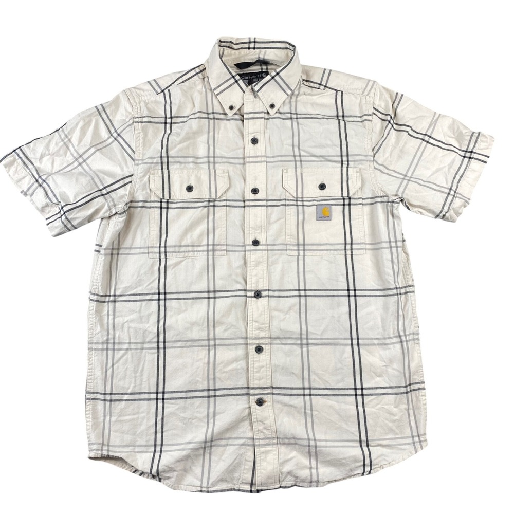 Carhartt Mens Medium Loose Fit Plaid Short Sleeve Work Shirt TW4625 M Cream Gray